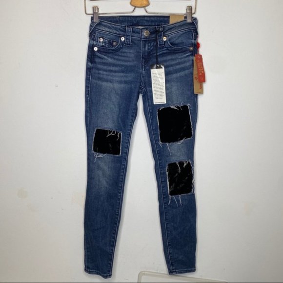 NWT True Religion Halle Velvet Backed Rips Skinny Jean size 24 - Picture 2 of 14